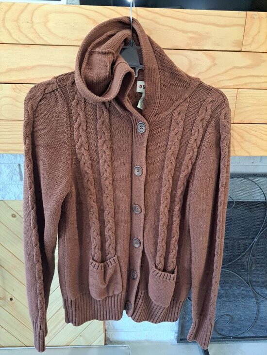 Gander Mountain Sweaters - Gander Mountain Brown Cable Knit Cardigan Hood Pockets S Cotton Winter Warm Wome